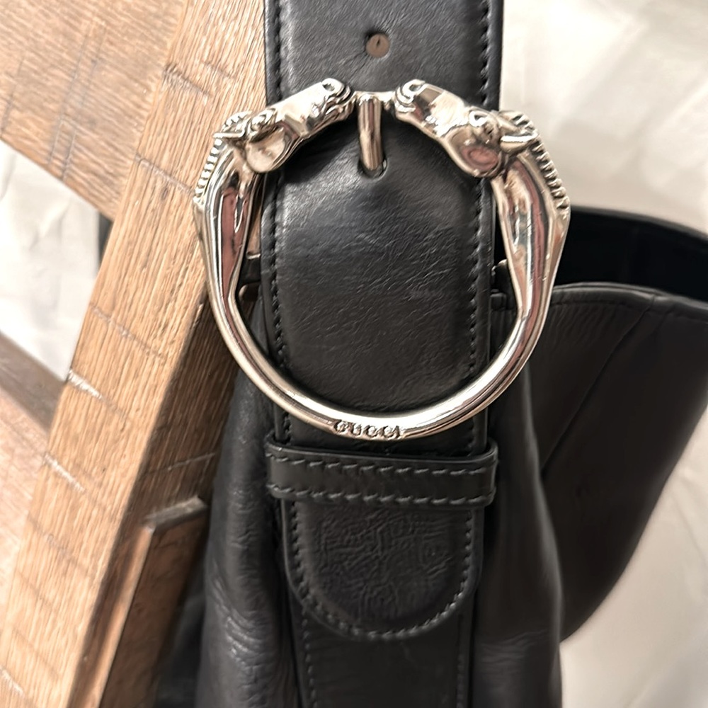 Gucci Black Leather Ribot Horse Head Hobo Handbag in Excellent Condition